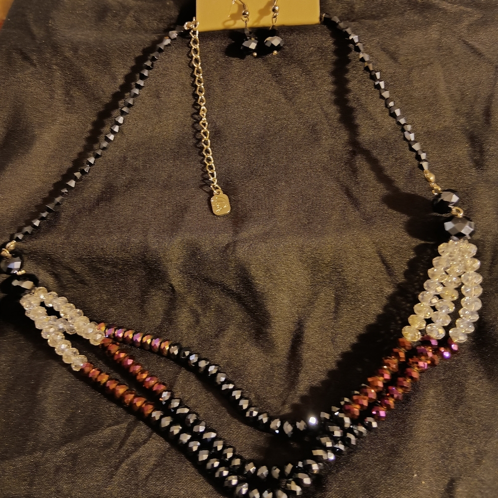 Multi Color Faceted Crystal Bead 3 Strand Necklace set Black Purple Clear